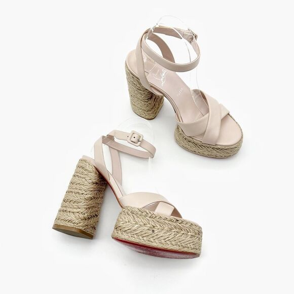 CHRISTIAN LOUBOUTIN Super Mariza Platform Espadrille Block Heels Size 40 Beige - Picture 1 of 15